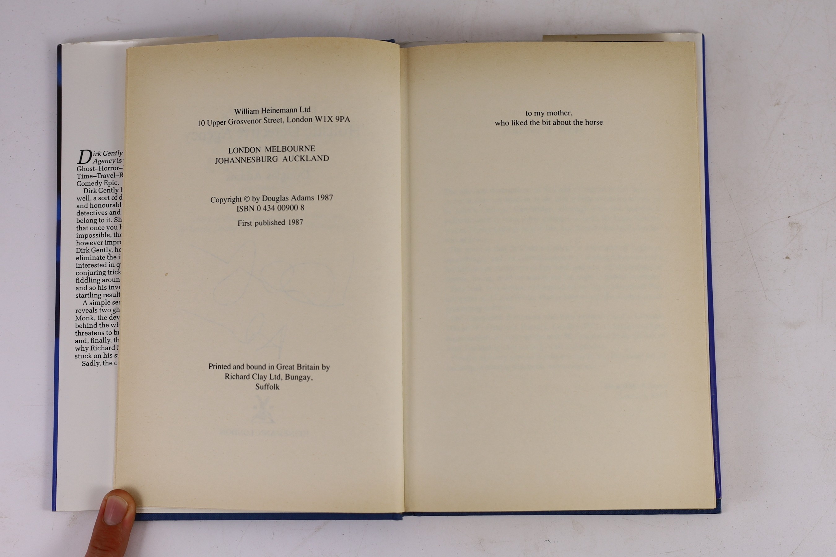 Adams, Douglas - Dirk Gentley’s Holistic Detective Agency, 1st edition, signed by the author, 8vo, original cloth with unclipped d/j, mild toning to outer text block, Heinemann, London, 1987